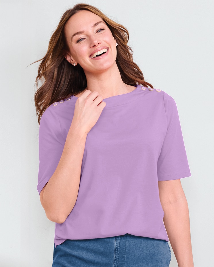 Prima™ Cotton Solid Button-Trim Bateau Tee image number 1