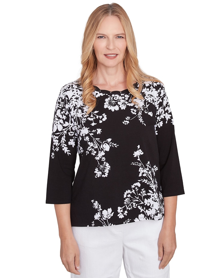 Alfred Dunner® Classics Asymmetric Floral Monotone Crewneck Top image number 1