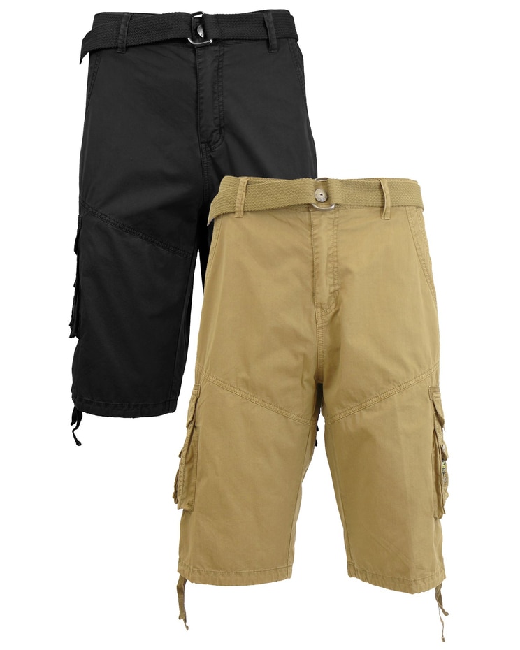 Men's Belted Cargo Shorts With Twill Flat Front Washed Utility Pockets-2 Pack image number 1