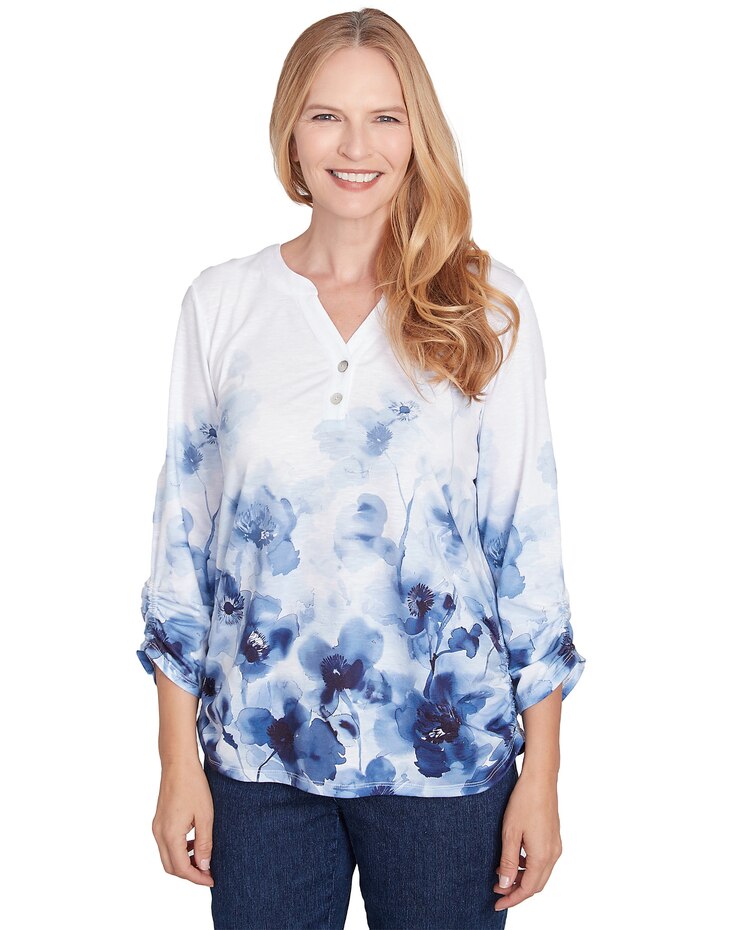 Alfred Dunner® Classics Floral Border Ruched Sleeve Henley Top image number 1