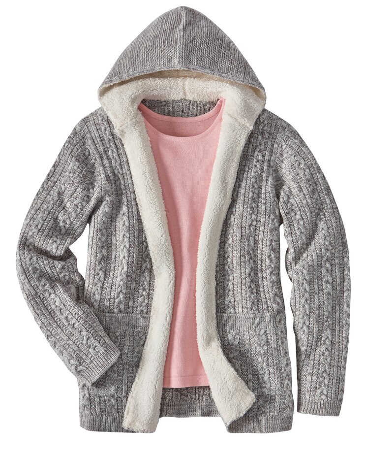 Haband Women’s Sherpa Trim Marled Knit Cable Cardigan with Hood image number 1