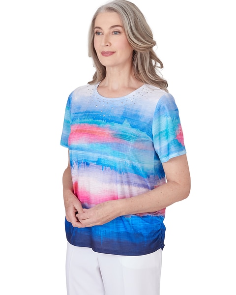 Alfred Dunner® Paradise Island Crew Neck Short Sleeve Watercolor Stripe Top with Side Ruching
