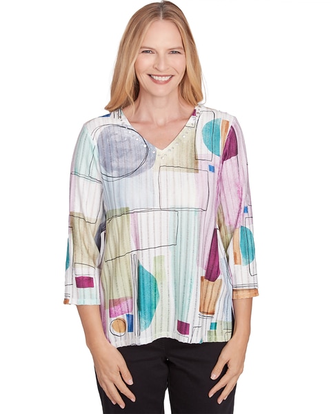 Alfred Dunner® Classics Geometric V-Neck Three Quarter Sleeve Top