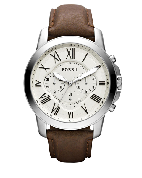 Fossil Grant Brown Leather Strap Watch, Egg Shell Dial