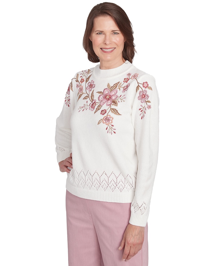 Alfred Dunner® Telluride Floral Embroidered White Chenille Sweater image number 3