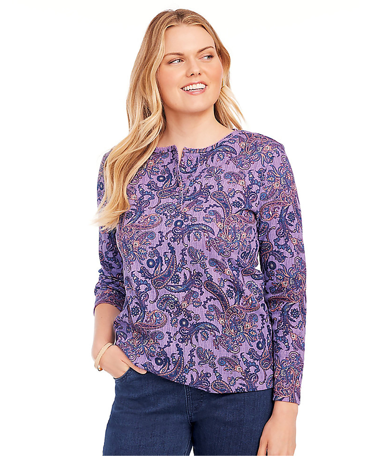 Print Long Sleeve Pointelle Henley Top image number 1