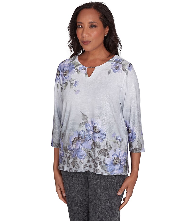 Alfred Dunner® Worth Avenue Beaded Split Neck Floral Shimmer Top image number 3