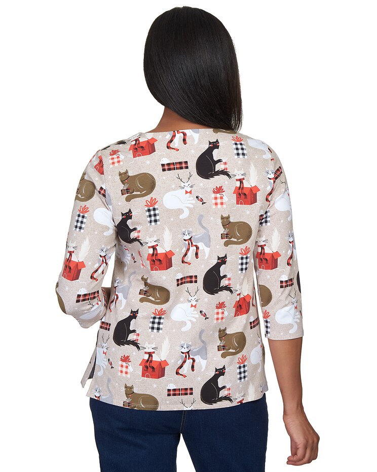 Alfred Dunner® Christmas Cats Three Quarter Sleeve Top image number 2