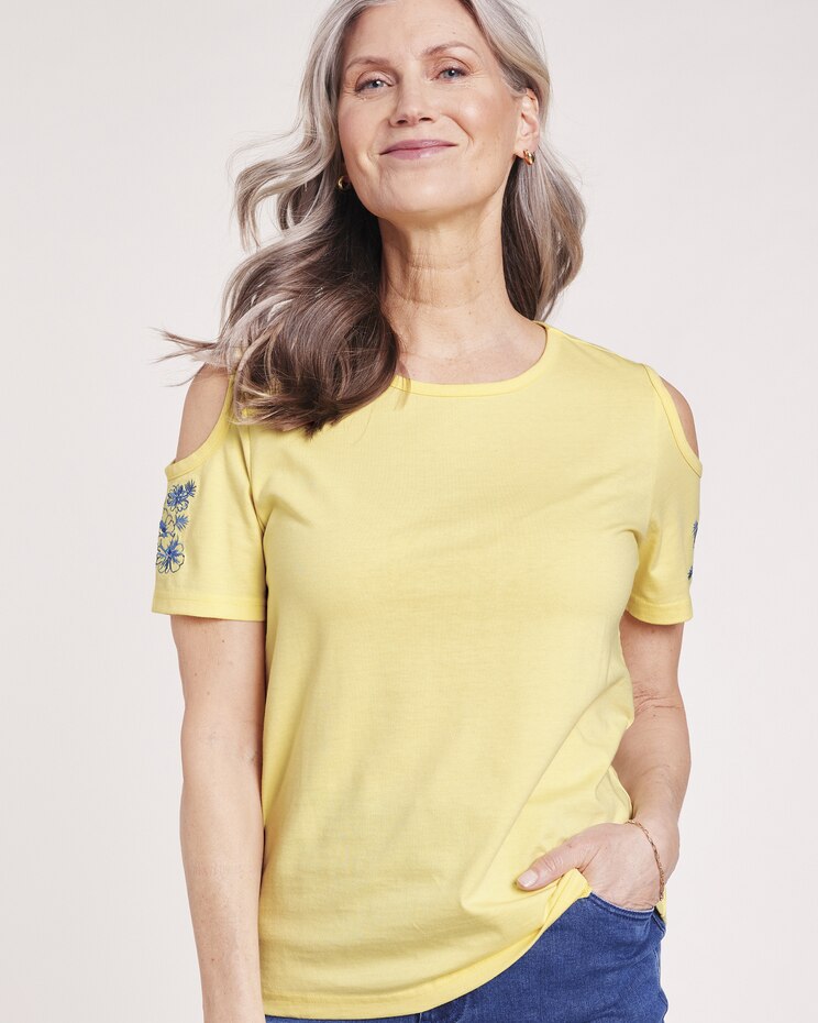 Open Shoulder Embroidered Knit Top image number 1