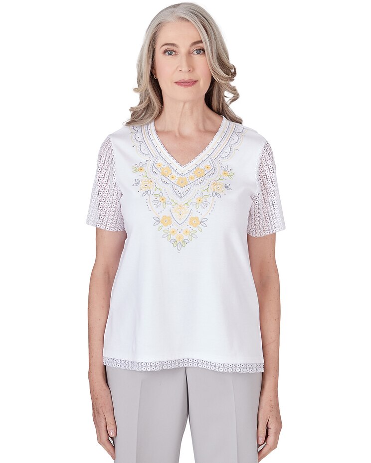 Alfred Dunner® Charleston Embroidered Top With Lace Sleeves image number 1
