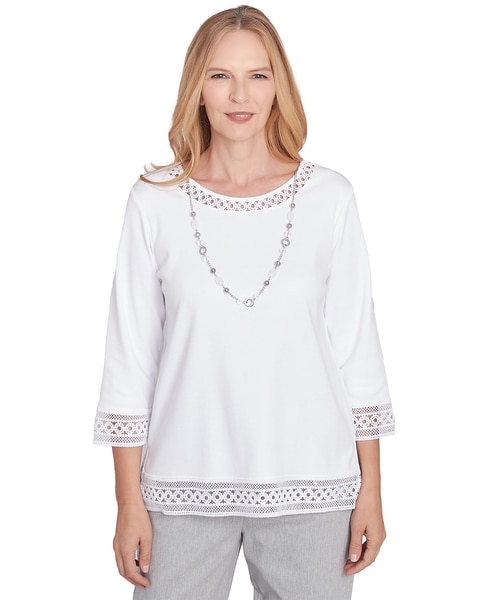 Alfred Dunner® Dress Code Solid Lace Trim Top with Necklace