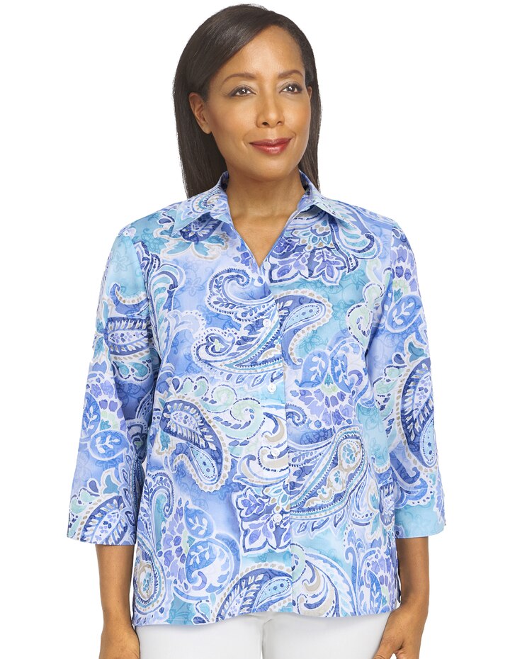 Alfred Dunner® Classic Paisley 3/4 Sleeve Button Down Top Shirt image number 1