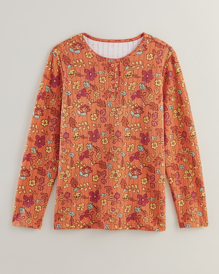 Print Long Sleeve Pointelle Henley Top image number 1