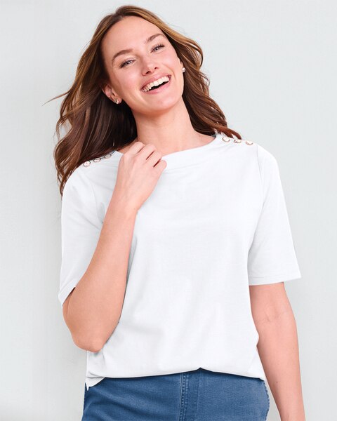 Prima™ Cotton Solid Button-Trim Bateau Tee