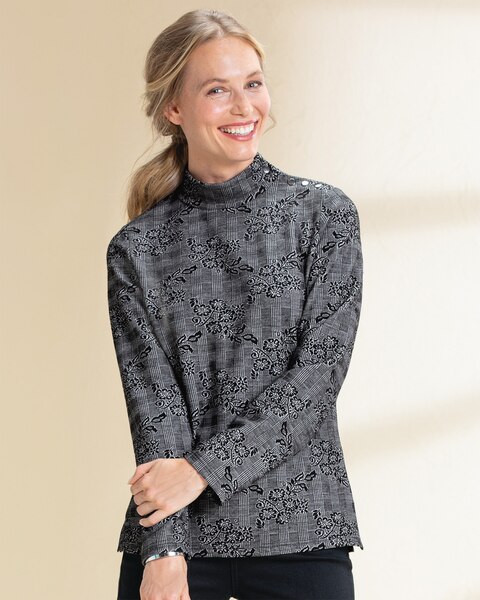 Glen Plaid Floral Knit Mockneck Top