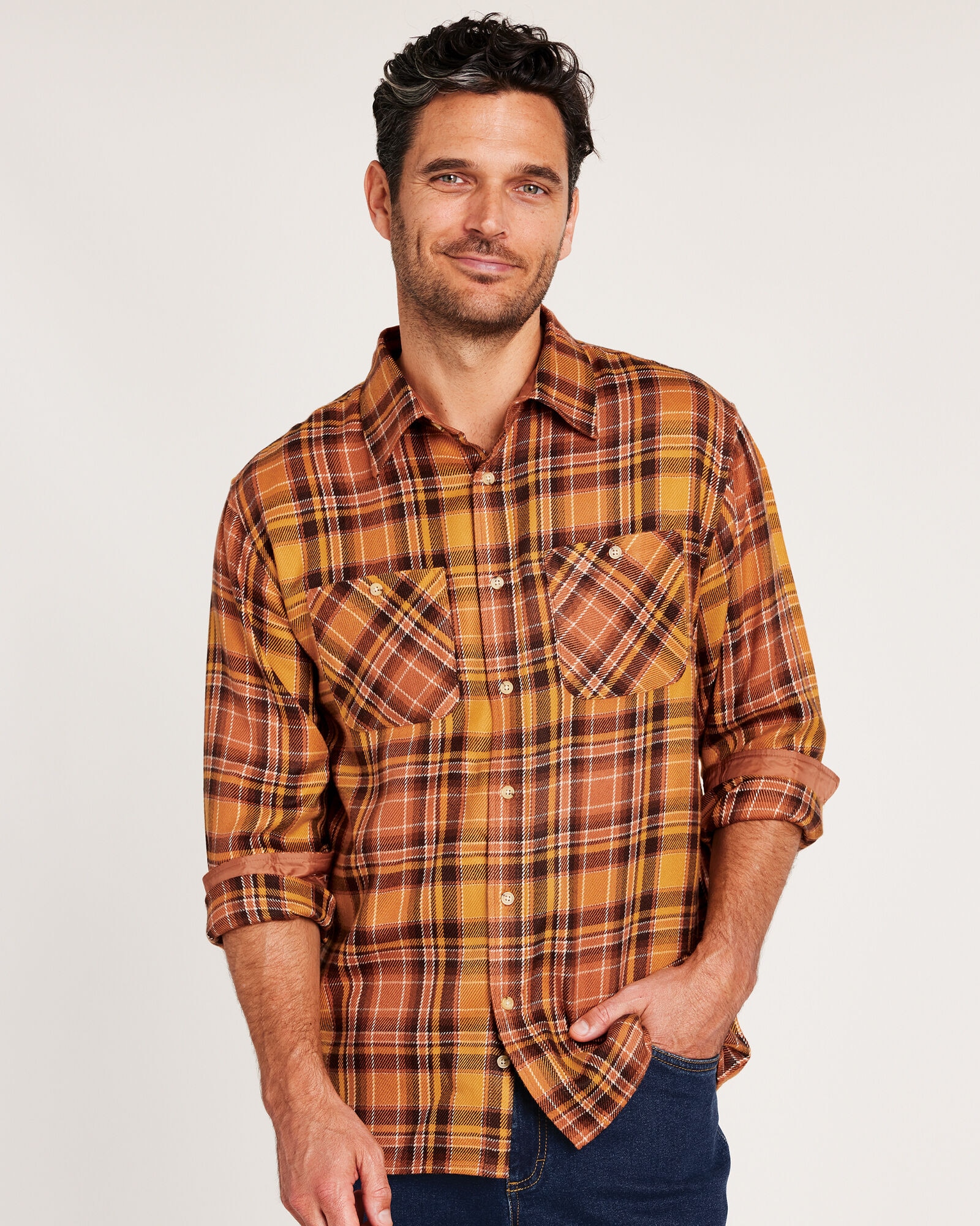 Orange and yellow plaid shirt top