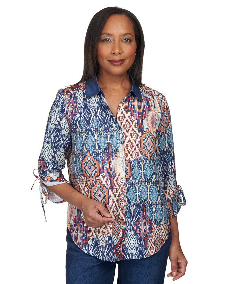 Alfred Dunner® Autumn Weekend Medallion Patch Tie Sleeve Button Up Top image number 1