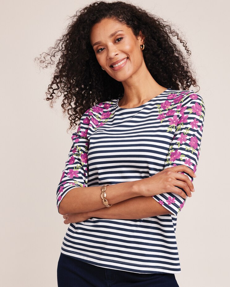Stripe Floral Knit Top image number 1