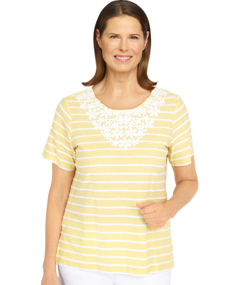 Alfred Dunner® Summer In The City Striped Flower Neck Top image number 1