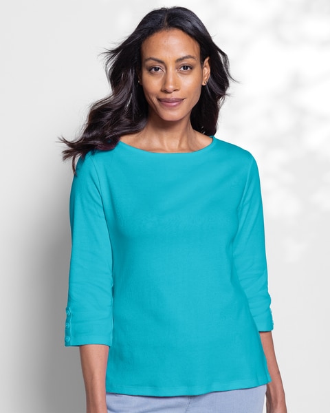 Coastal Cotton Three-Quarter-Sleeve Solid Bateau-Neck Tee