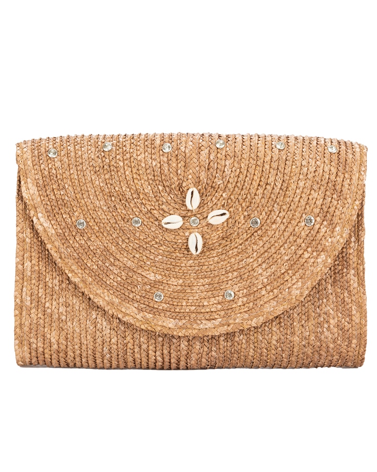 By The Sea Shore- Fine Wheat Straw Braid Clutch With Seashell Flowers image number 1