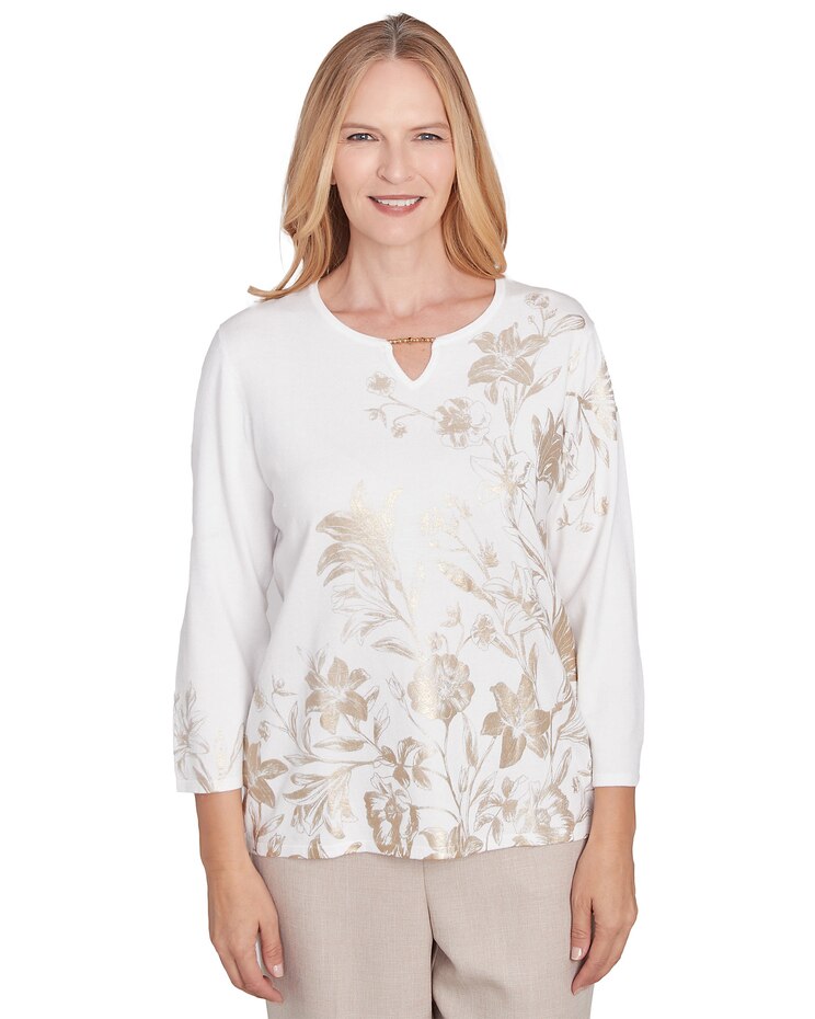 Alfred Dunner® Kensington Gardens Split Neck Botanical Gold Foil Print Sweater image number 1