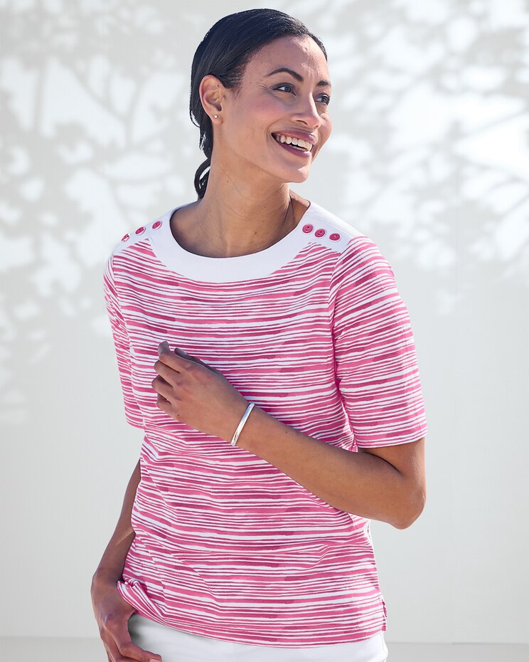 Prima™ Cotton Brushstroke Stripe Button-Trim Bateau Tee image number 1