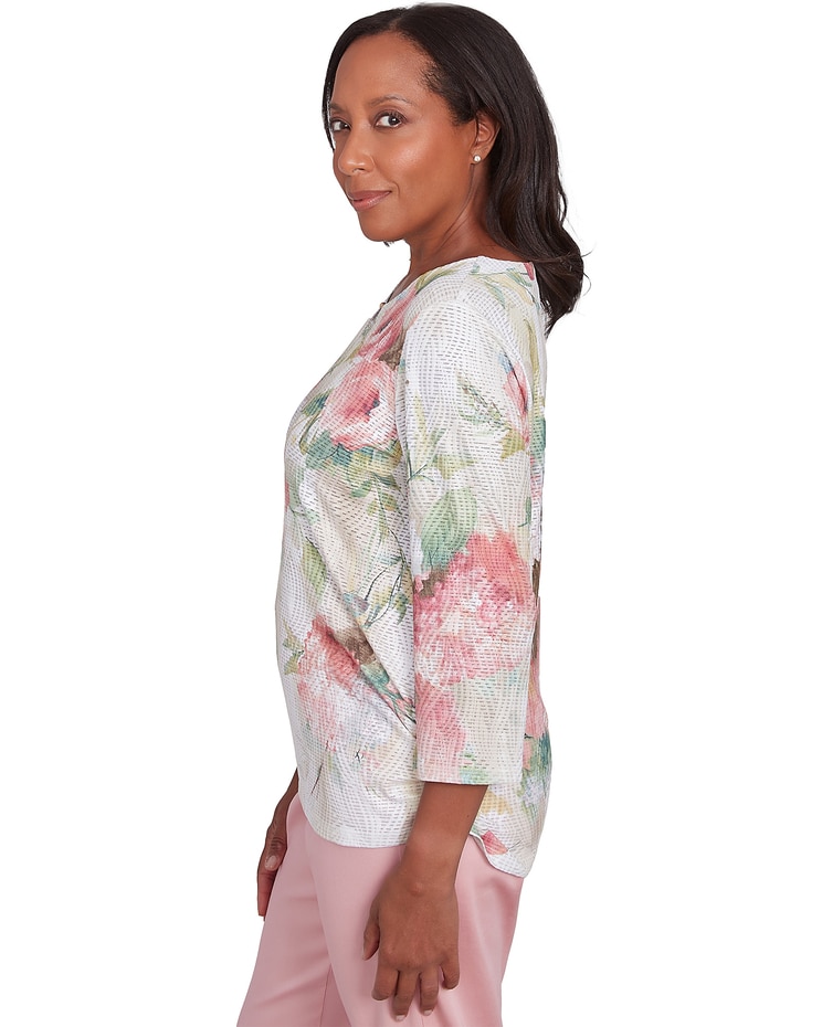 Alfred Dunner® Coming Up Roses Hydrangea Beaded Split Neck Top image number 4