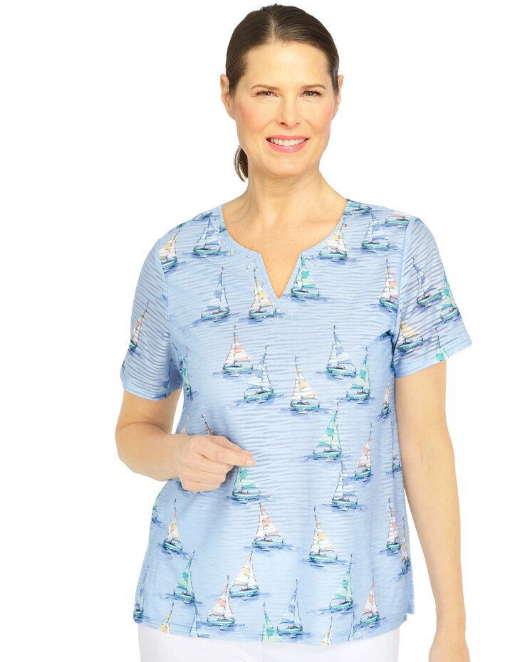 Alfred Dunner® Set Sail Sailboat Split Neck Top image number 1