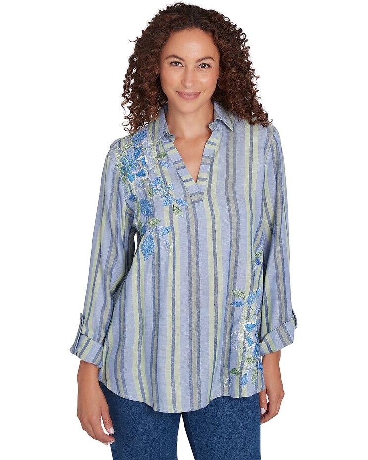 Ruby Rd® Paisley Patch Woven Stripe Embroidered Top image number 1