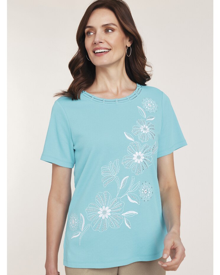 Alfred Dunner® Cool Vibrations Diagonal Floral Heat Set Top image number 1