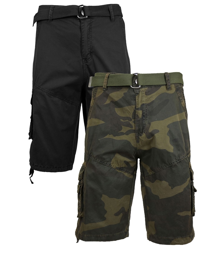 Men's Belted Cargo Shorts With Twill Flat Front Washed Utility Pockets-2 Pack image number 1