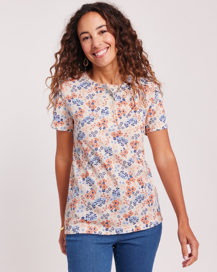 Print Short Sleeve Pointelle Henley Top image number 1