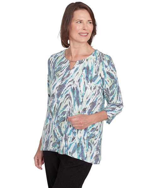 Alfred Dunner® French Quarter Teal Animal Print Split Neck Tee