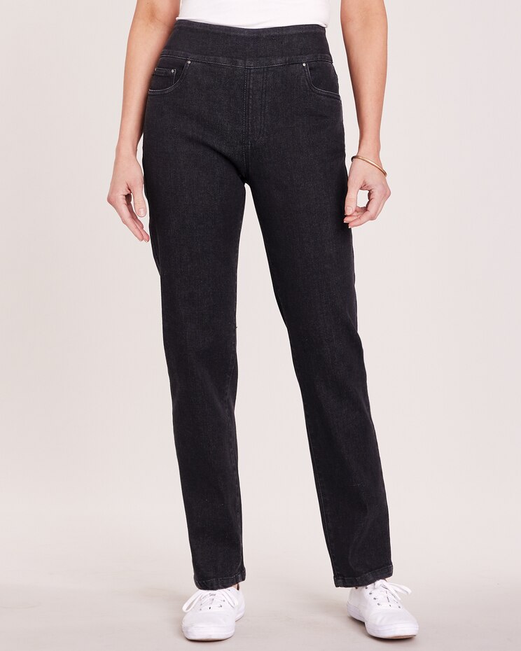 DenimEase Flat-Waist Pull-On Jeans image number 1