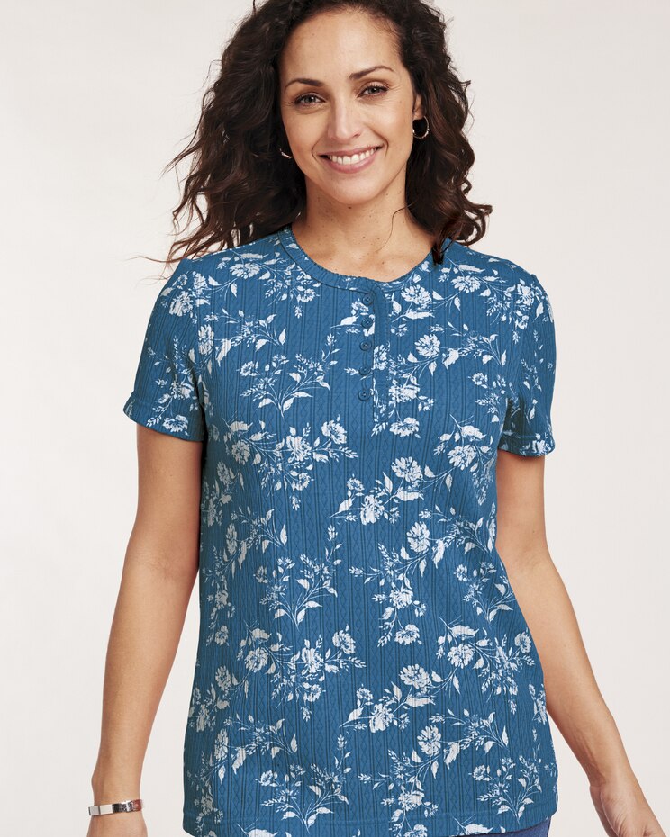 Print Short Sleeve Pointelle Henley Top image number 1