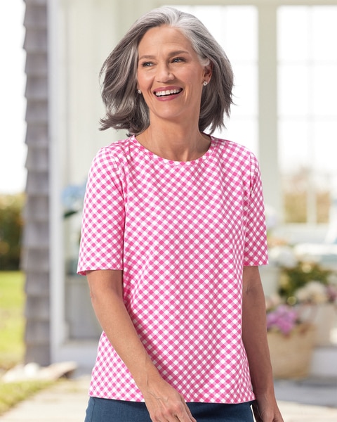 Gingham-Print Elbow-Sleeve Tee