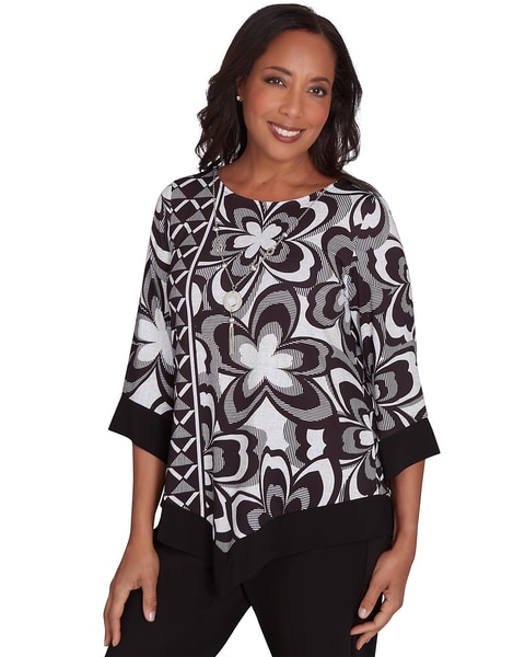 Alfred Dunner® Runway Ready Floral Geometric Top with a Contrast Trim with a Detachable Necklace