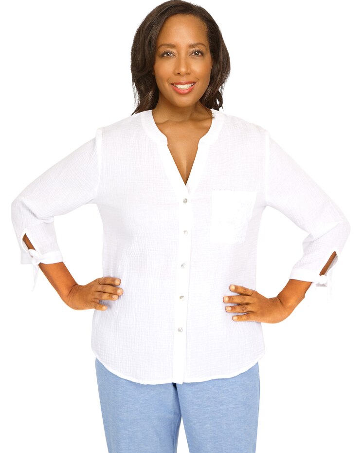 Alfred Dunner® Set Sail Gauze Tie Sleeve Button Down Top image number 1