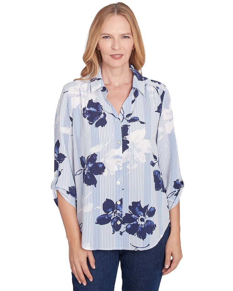 Alfred Dunner® Classics Striped Flower Button Front Tie Sleeve Blouse image number 1