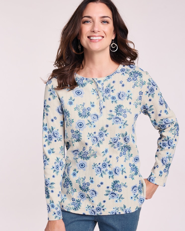 Print Long Sleeve Pointelle Henley Top image number 3