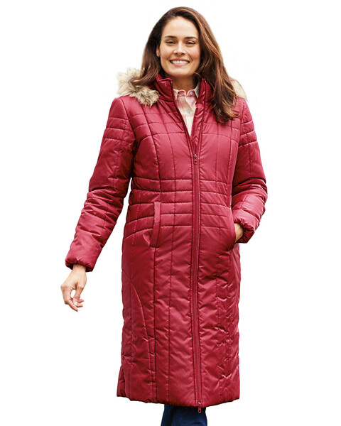 Haband Women's Long Quilted Puffer Jacket with Faux Fur Hood