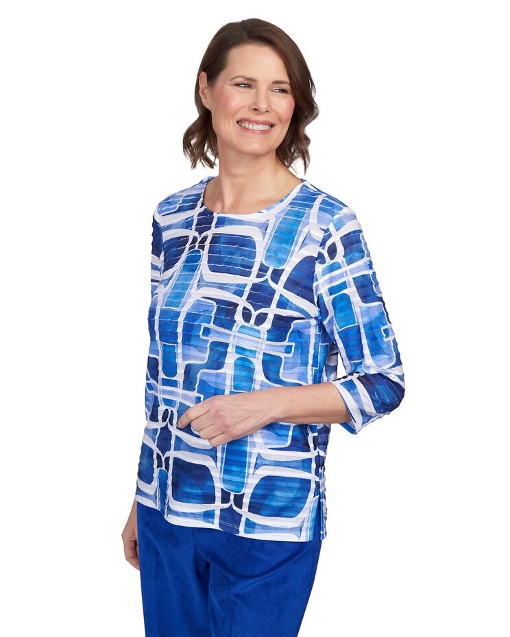Alfred Dunner® Geometric Ruffle Three Quarter Sleeve Top image number 3