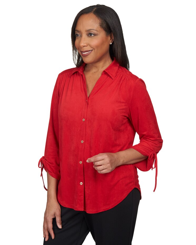 Alfred Dunner® Park Place Stretch Knit Suede Button Up Top image number 3