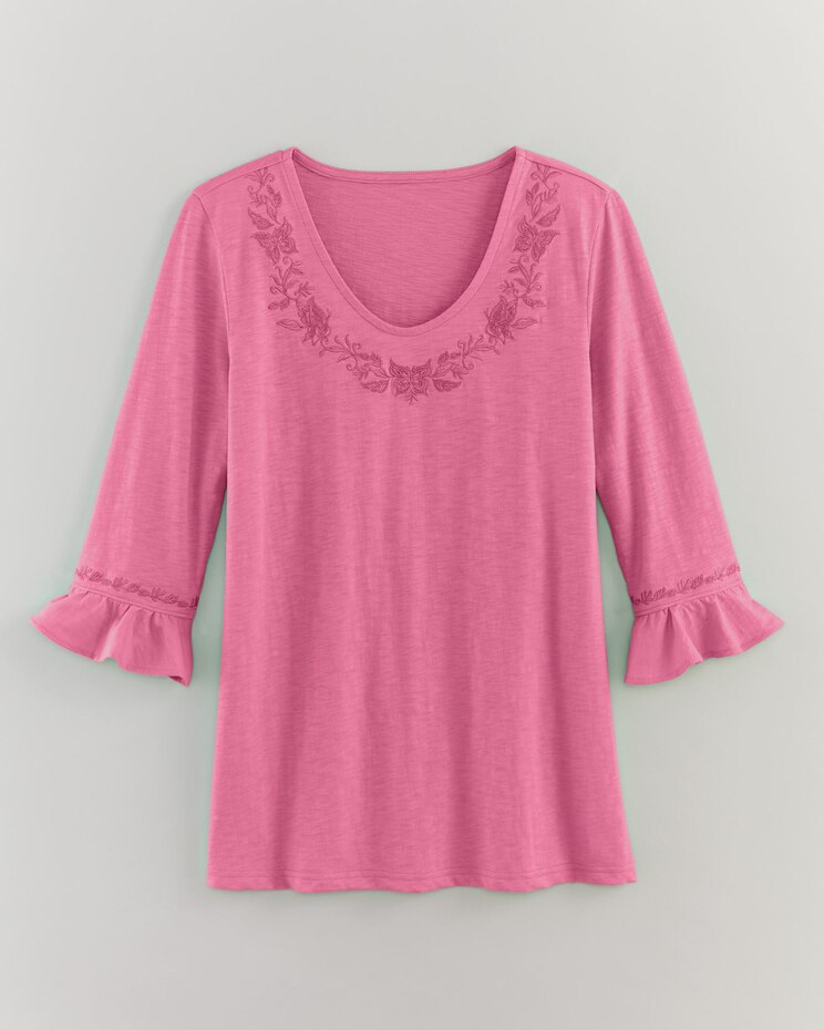 Slub Knit Flounce Embroidered Top image number 1