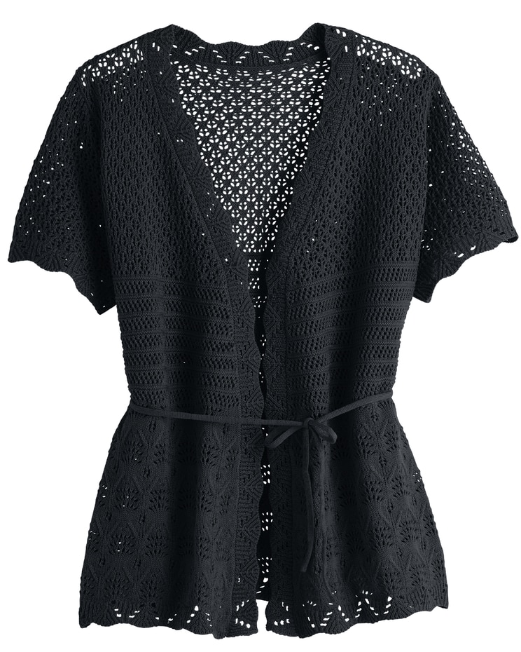 Short-Sleeve Tie-Waist Cardigan Sweater image number 1