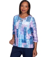 Alfred Dunner® Lavender Fields Patchwork Lace Neck Top thumbnail number 3