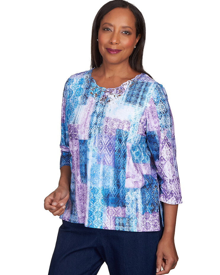 Alfred Dunner® Lavender Fields Patchwork Lace Neck Top | Blair