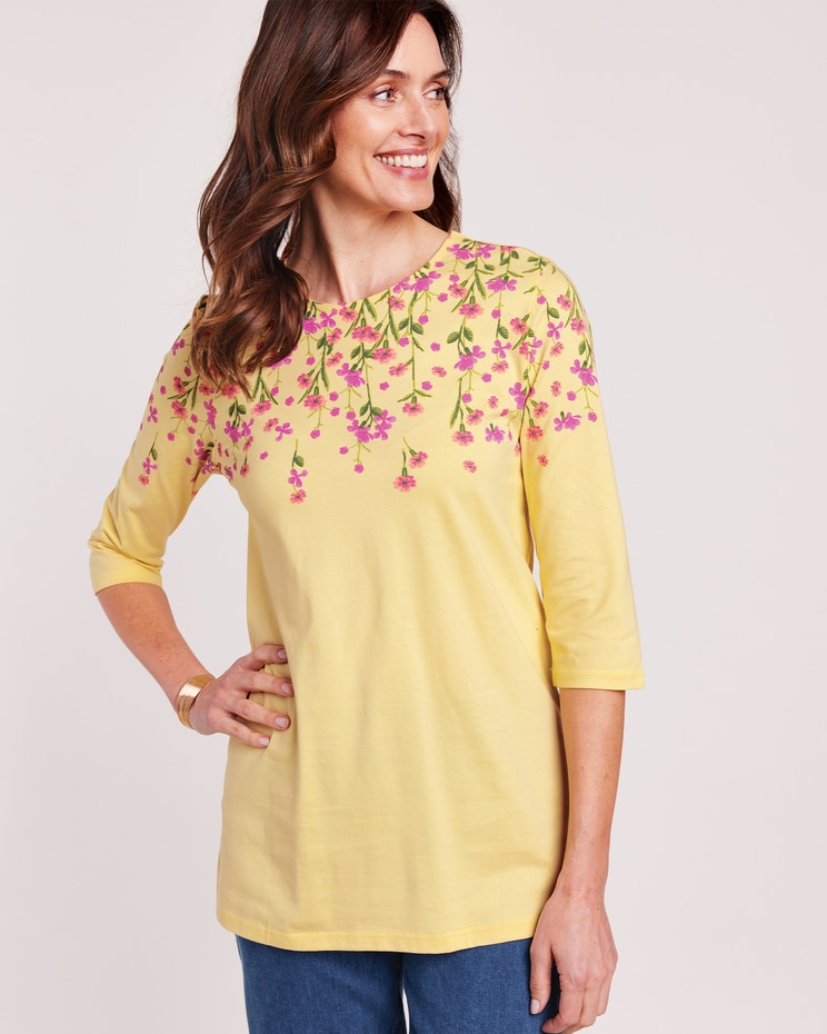Three-Quarter Sleeve Floral Border-Print Tunic image number 1