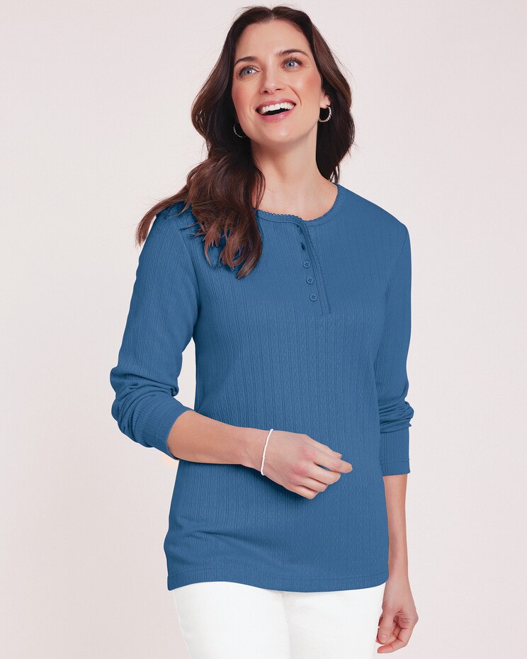 Long Sleeve Pointelle Henley Top image number 1
